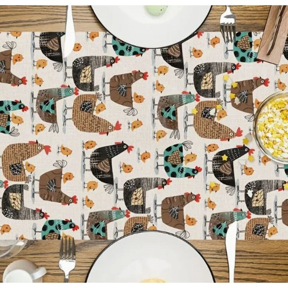 Table Runner 13x72in Woven Polyester Chicken and Chicks Farmhouse Country